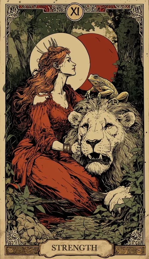 קלף טארוט הכוח - דמות עדינה מאלפת אריה בנגיעה רכה
