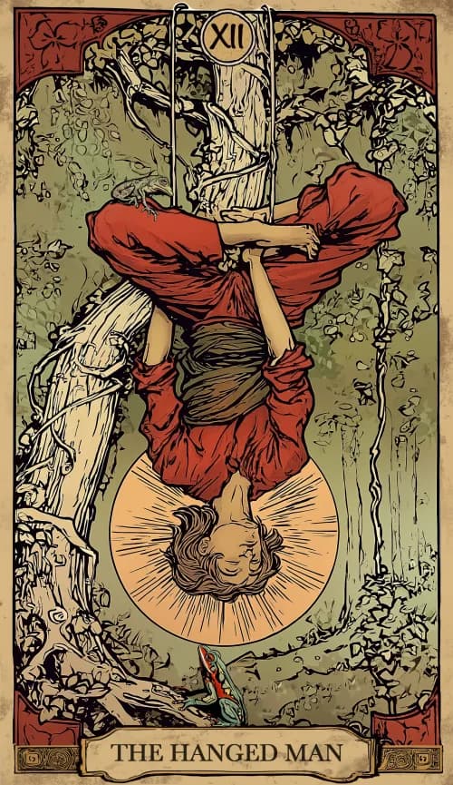 קלף טארוט התלוי - דמות תלויה הפוך על עץ עם הילה סביב ראשה
