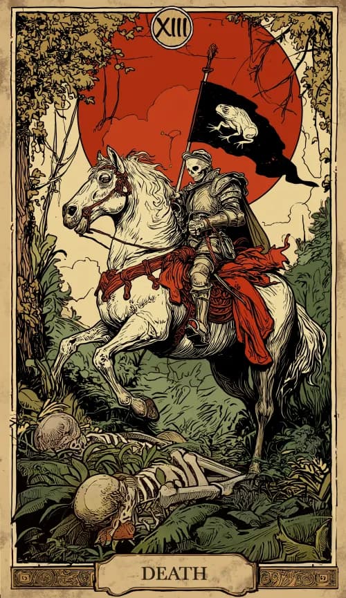 קלף טארוט המוות - פרש על סוס לבן צועד לקראת שחר חדש