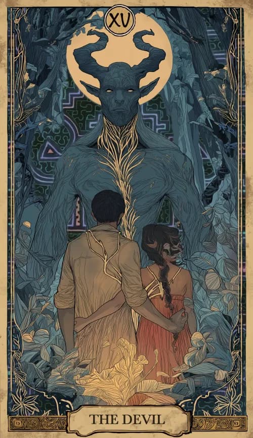 Der Teufel Tarotkarte — eine dunkle Gestalt mit zwei Figuren, die durch lockere Ketten gebunden sind