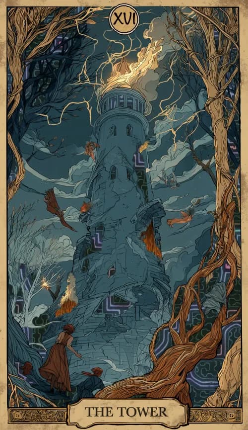 קלף טארוט המגדל - מגדל שברק פוגע בו ודמויות נופלות ממנו