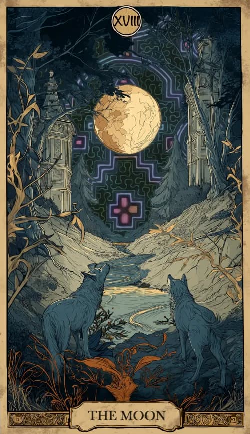 קלף טארוט הירח - ירח מלא מאיר על נתיב חשוך בין שני מגדלים