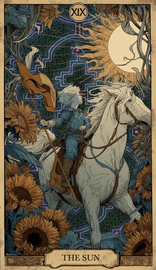 קלף טארוט השמש - שמש זוהרת מעל גן פורח עם ילד שמח