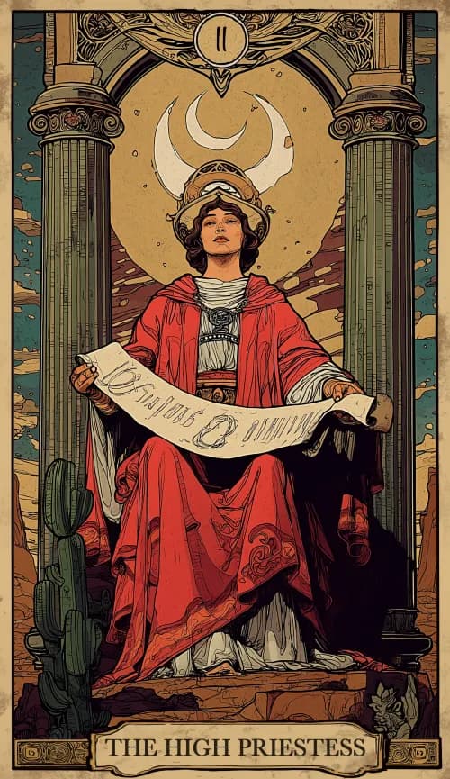 The High Priestess tarot card — a figure seated between two pillars holding a book