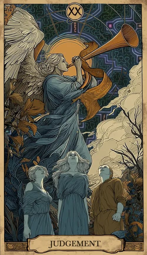 קלף טארוט הדין - מלאך תוקע בשופר ודמויות קמות מתוך הארץ