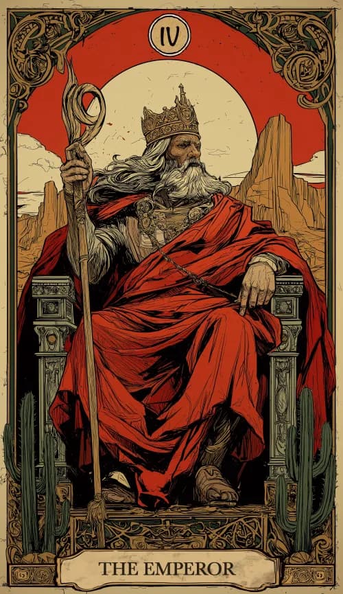קלף טארוט הקיסר - דמות מלכותית יושבת על כס בגבורה