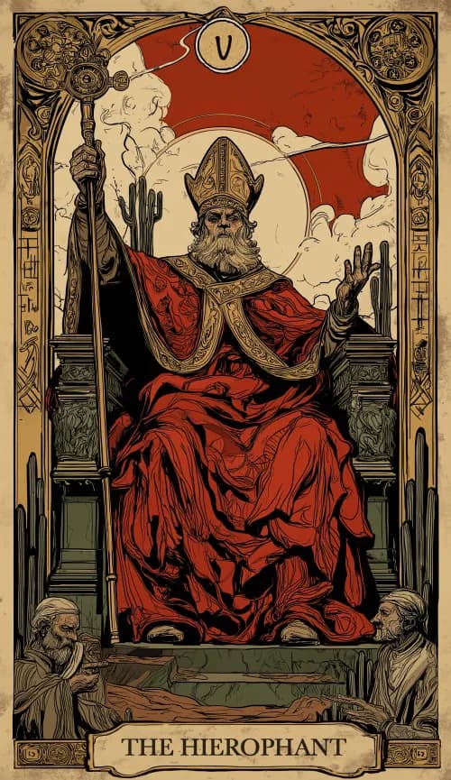 קלף טארוט הכוהן הגדול - דמות דתית יושבת בין שני עמודים עם תלמידים