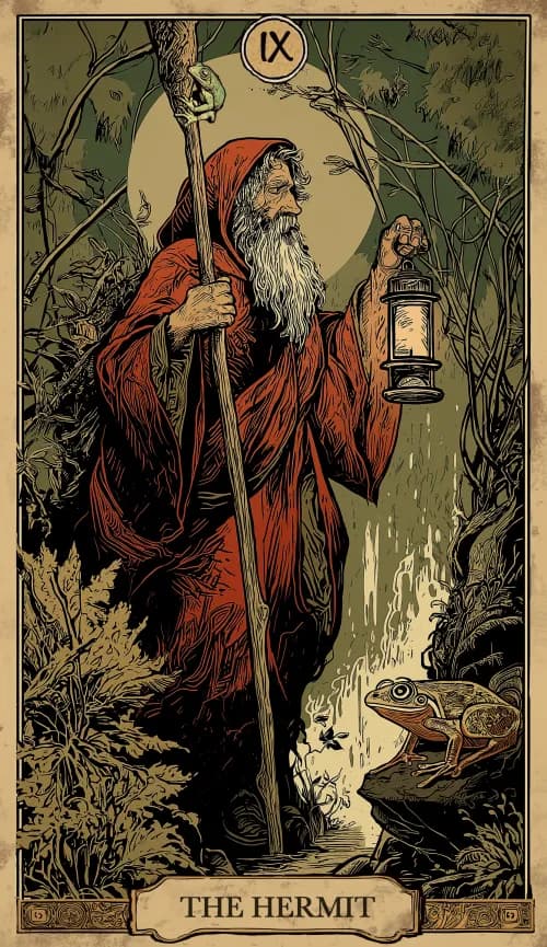 קלף טארוט הנזיר - דמות זקנה עומדת על פסגת הר עם פנס ביד
