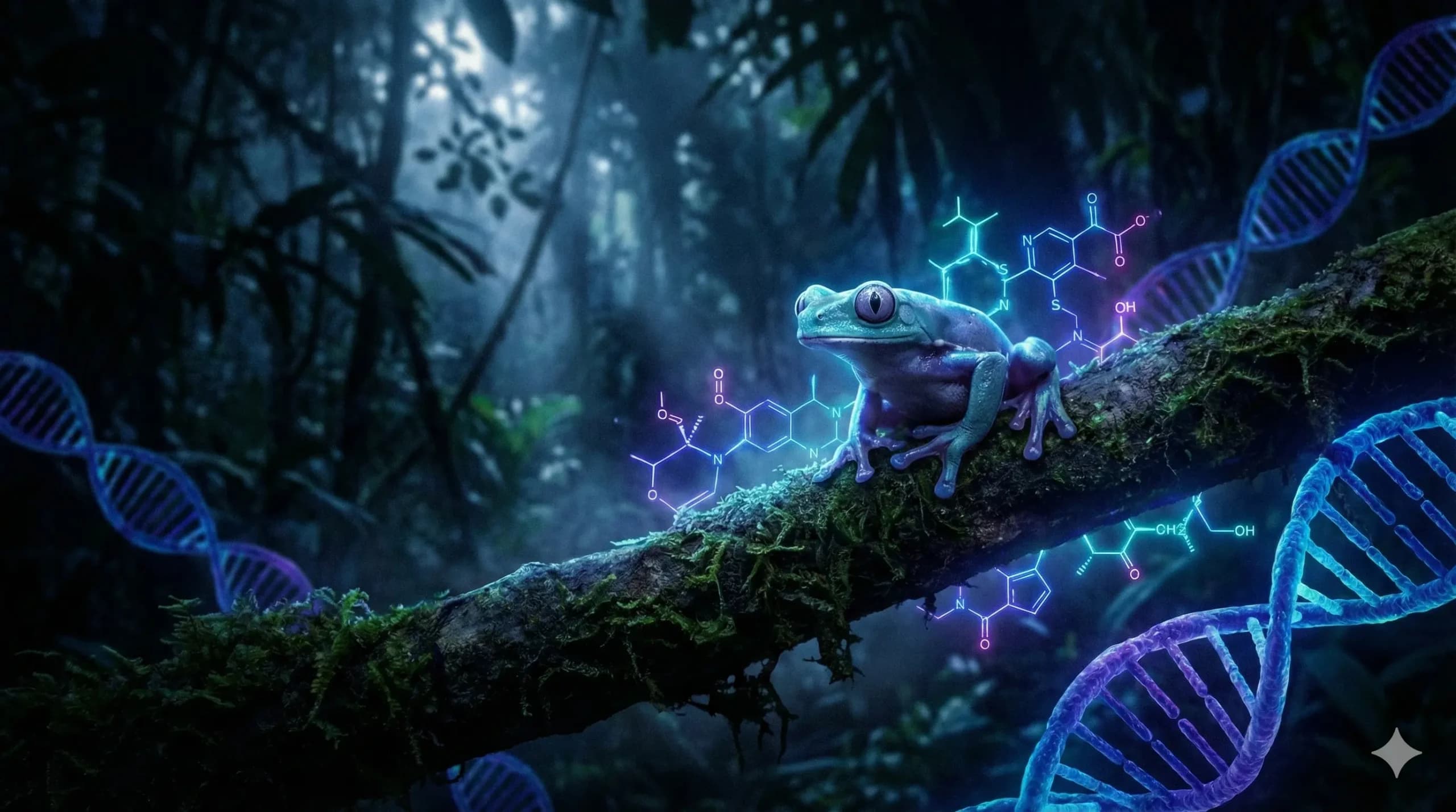 Dramatic macro shot of the Kambo frog in a dark forest environment, illustrating the biochemical and energetic depth of Kambo chemistry