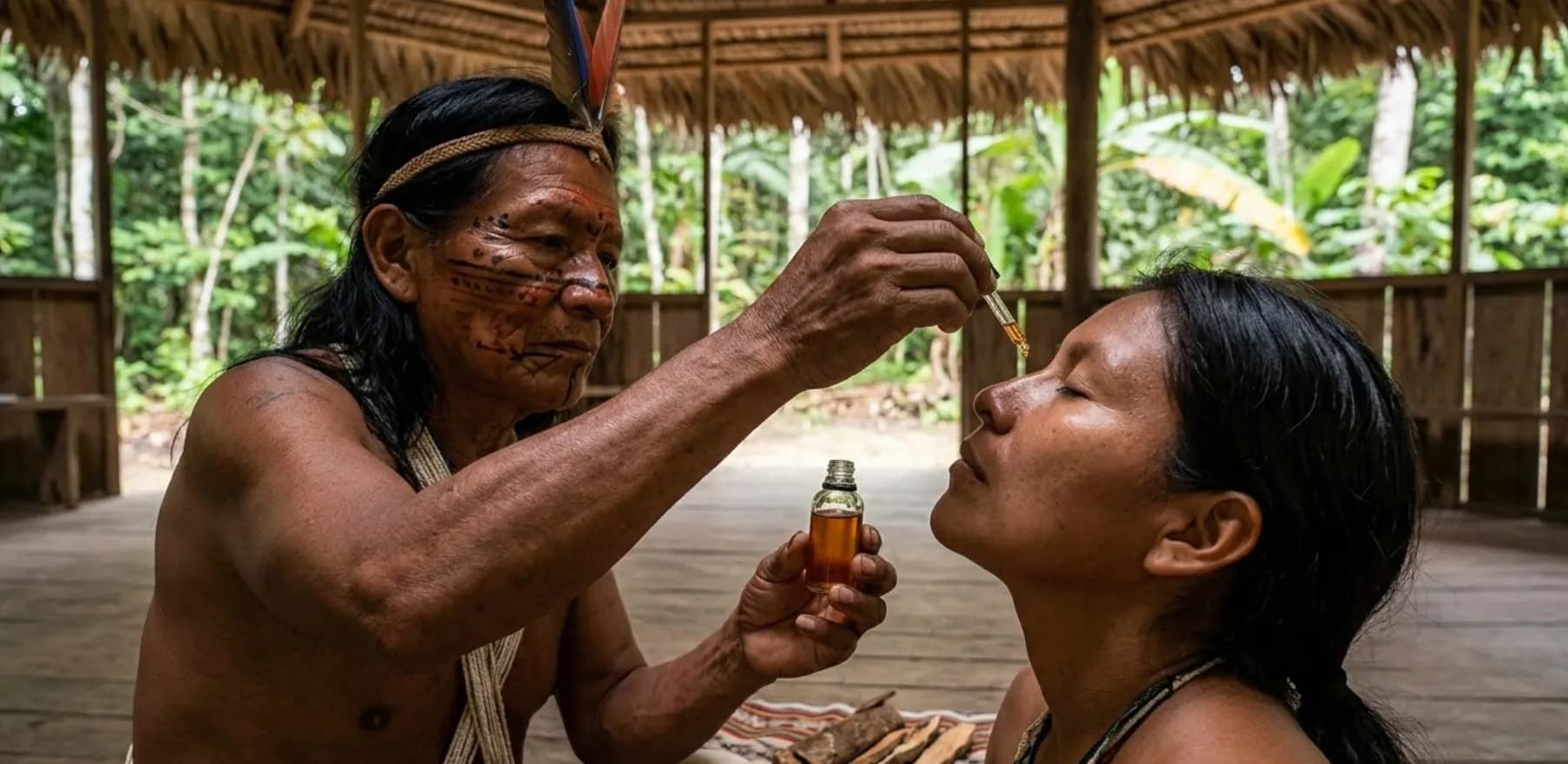 Close-up of a Sananga bottle with dropper, an Amazonian plant extract for eye treatment