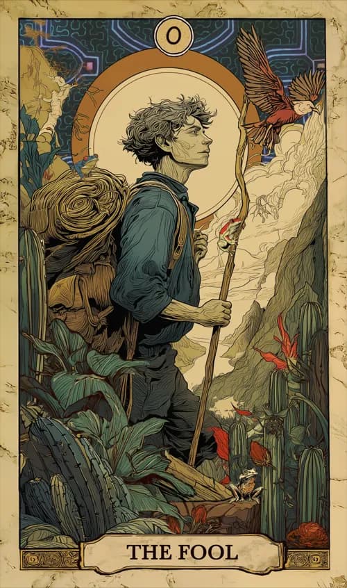 קלף טארוט השוטה - דמות צעירה עומדת על שפת מצוק, פניה אל האופק