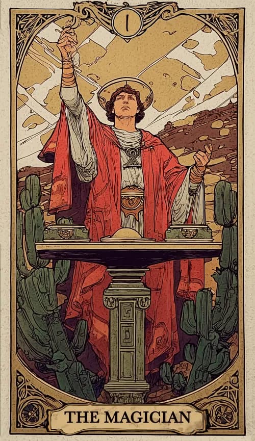 Der Magier Tarotkarte — eine Gestalt an einem Tisch mit den vier Elementen des Tarot