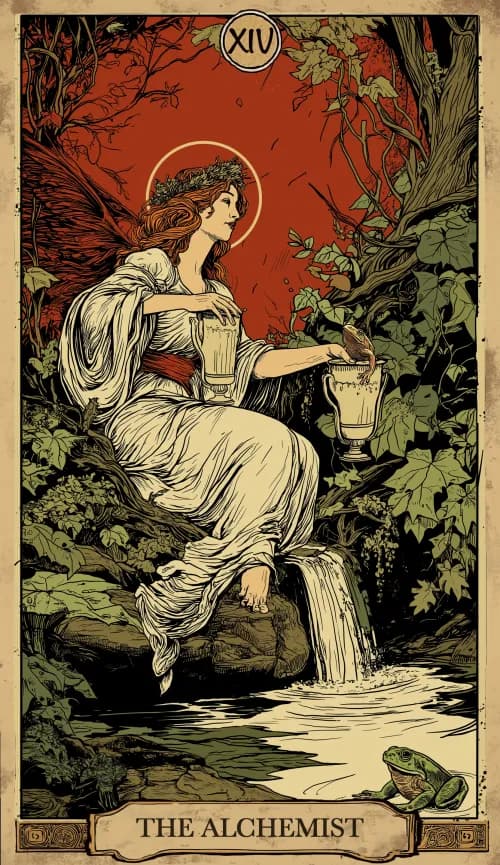 קלף טארוט האלכימאי - דמות מערבבת אלמנטים בין שני כלים, מייצרת זהב