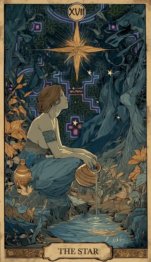 קלף טארוט הכוכב - דמות כורעת ליד מעיין תחת שמיים זרועי כוכבים