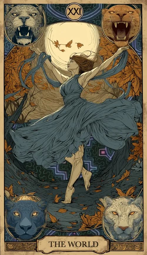 קלף טארוט העולם - דמות רוקדת בתוך זר דפנה מוקפת בארבע יצורים
